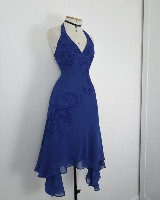 Blue Halter A-Line V Neck Vintage Midi Party Dresses Cocktail Dresses, DP5665