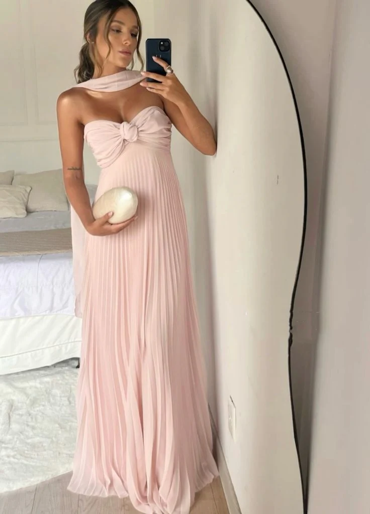 Pink Strapless A-Line Pleated Elegant Long Prom Dress Wedding Guest Dress, DP3372