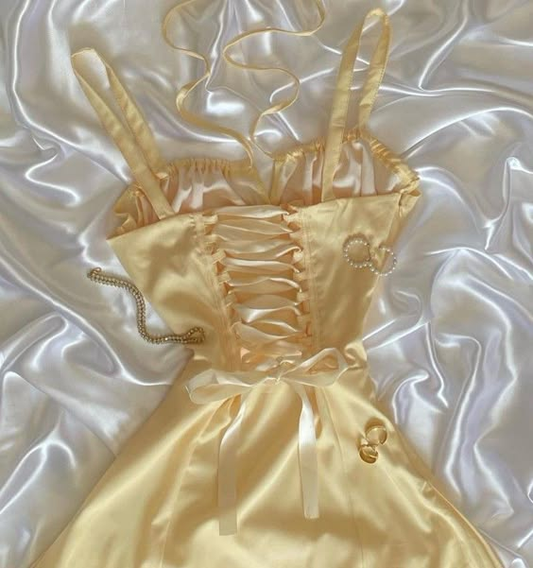 Light Yellow Spaghetti Straps Satin Mini Party Dress Mini Birthday Outfit, DP3519