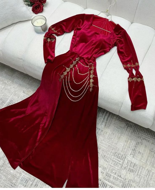 Red Square Neck Long Sleeves A-Line Velvet Long Party Gown, DP3487