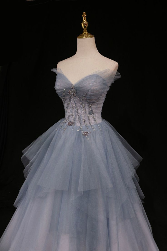 Light Blue Sweetheart A-Line Beading Tulle Long Prom Dress Birthday Outfit, DP3358