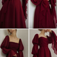 Wine Red Square Neck Chiffon Long Sleeves Party Dress, DP2841