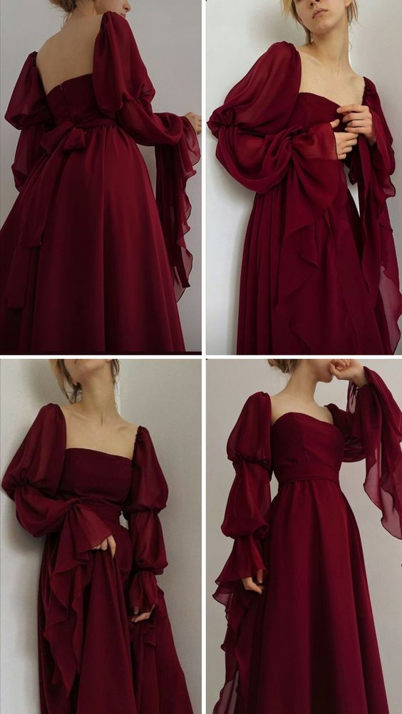 Wine Red Square Neck Chiffon Long Sleeves Party Dress, DP2841