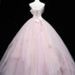 Simple Pink Applique Strapless Sweet 16 Quinceanera A-Line Tulle Floor-length Prom Dress Birthday Dress Evening Dress Ball Gown DP6458