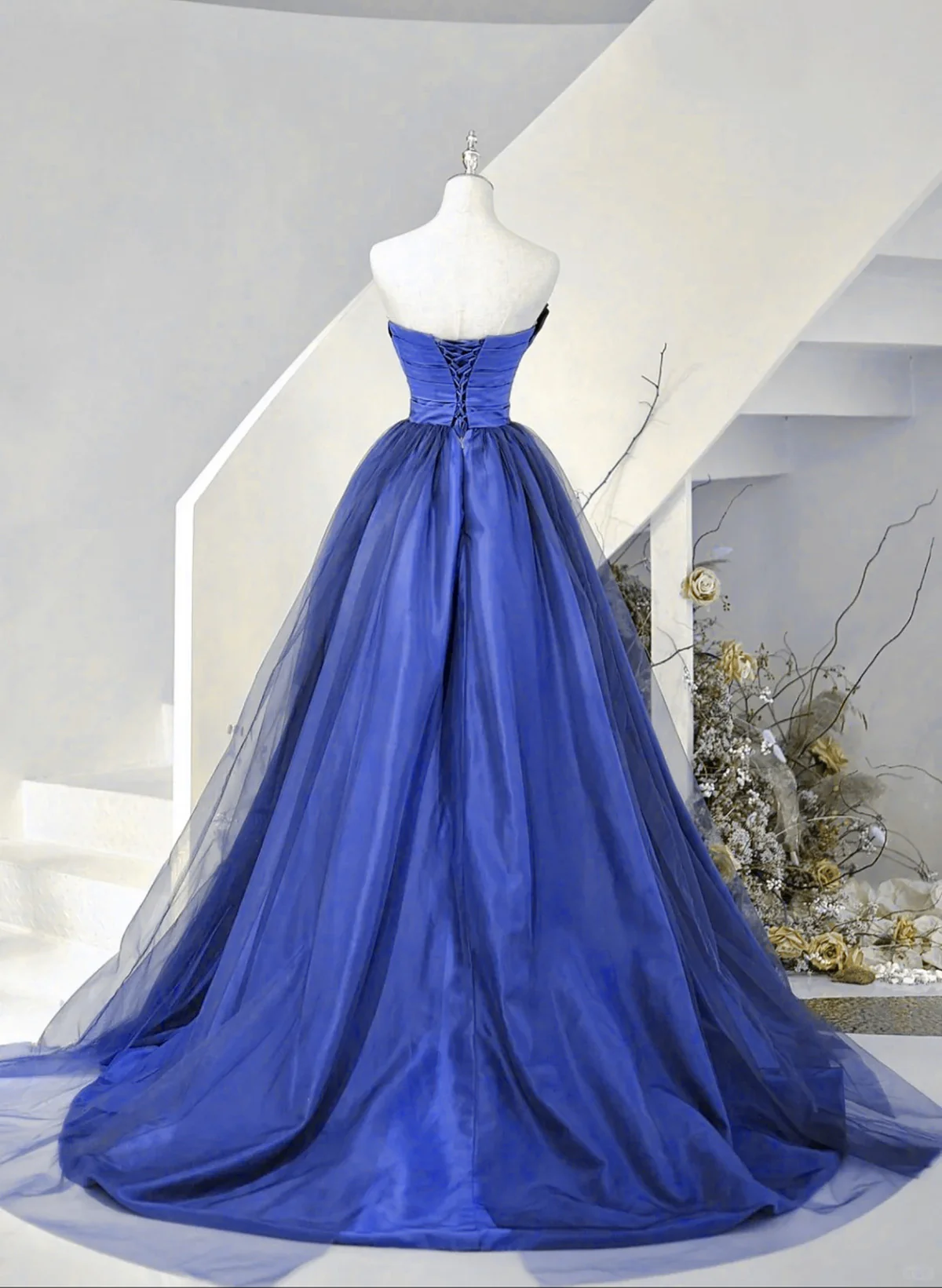 Blue Strapless A-Line Satin Tulle Formal Dress Evening Gown, DP2658