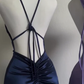 Dark Navy Straps Backless Satin Long Party Dress Evening Dress, DP2786