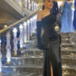 Charming Black One Shoulder Long Evening Dress with Slit, DP2815