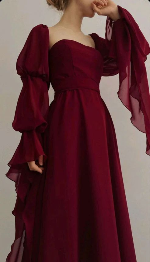 Wine Red Square Neck Chiffon Long Sleeves Party Dress, DP2841