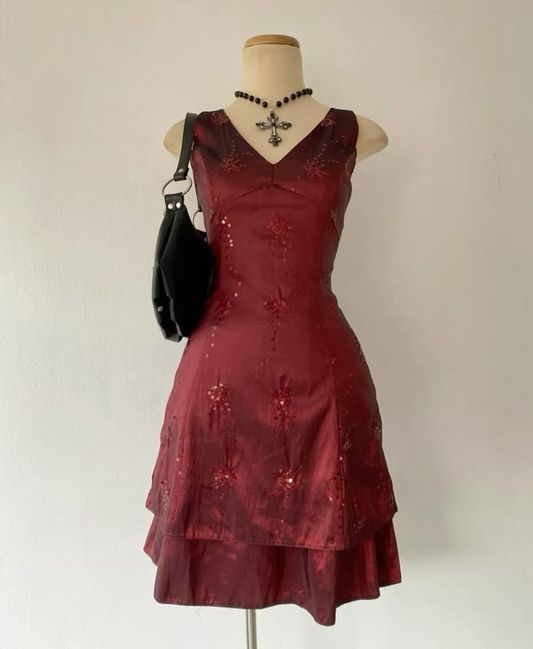 Burgundy V Neck Sleeveless A-Line Vintage Short Party Dresses, DP5666