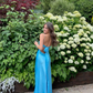 Blue V Neck Backless Sheath Long Party Dress Wedding Guest Dress, DP3174