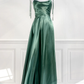 Green Straps Satin A-Line Long Party Dress Bridesmaid Dress, DP2956