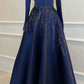 Navy Blue Satin Beaded Faux Muslim High Collar Ball Gown Formal Party Evening Gown, DP3494