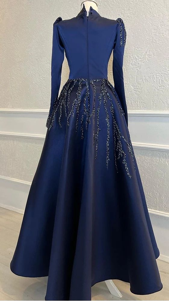 Navy Blue Satin Beaded Faux Muslim High Collar Ball Gown Formal Party Evening Gown, DP3494