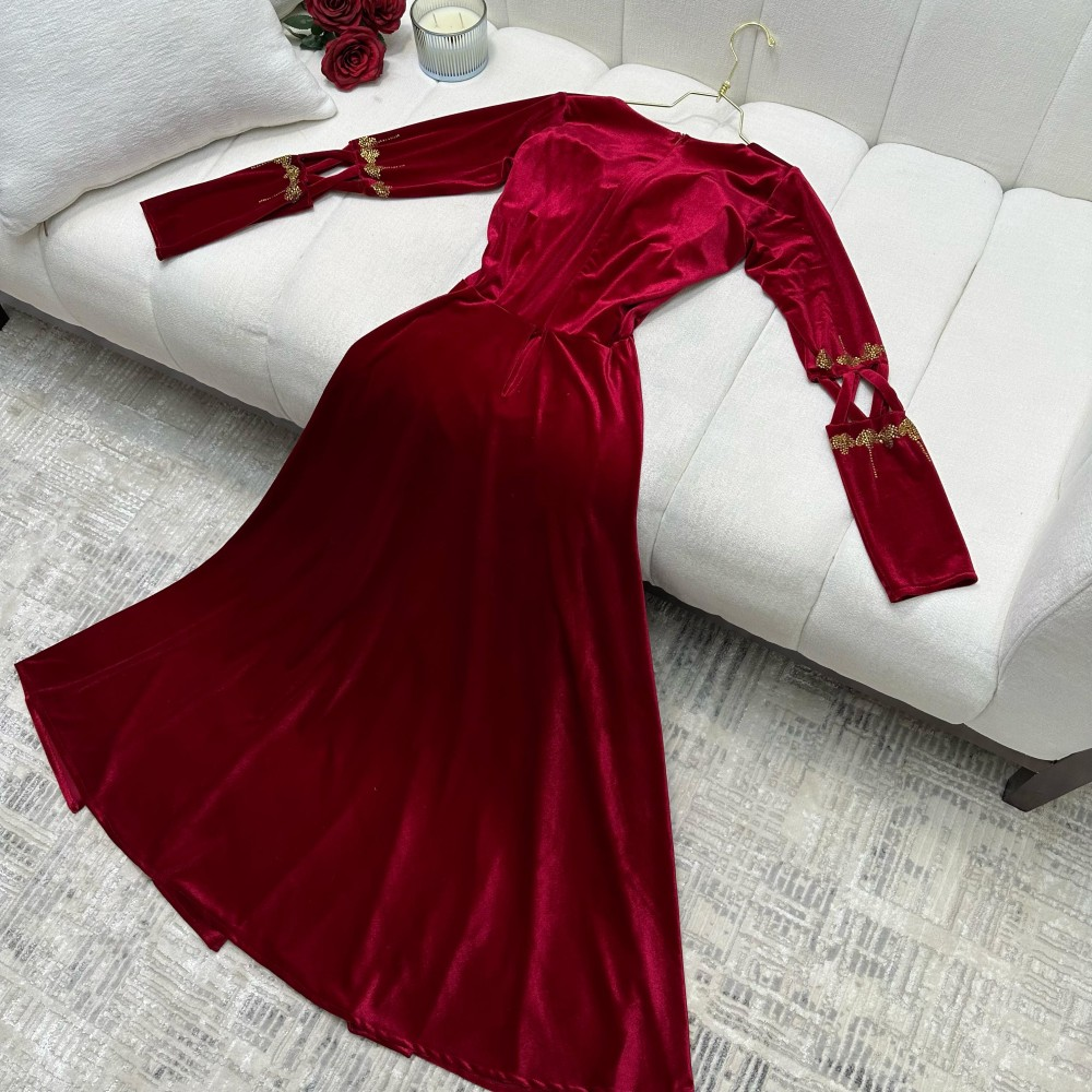 Red Square Neck Long Sleeves A-Line Velvet Long Party Gown, DP3487