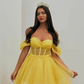 Yellow Off Shoulder Tulle A-Line Birthday Dress Evening Ball Gown, DP2674