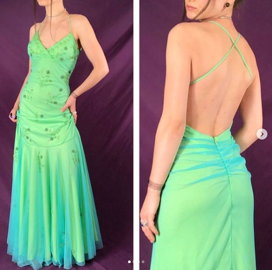 Green Beading Tulle Backless Charming Vintage Evening Party Dress, DP2498