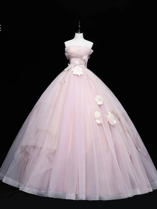 Schlichtes rosa trägerloses A-Linien-Tüllkleid mit Applikationen für Sweet 16 Quinceanera, bodenlang, Ballkleid, Geburtstagskleid, Abendkleid, Ballkleid, DP6458