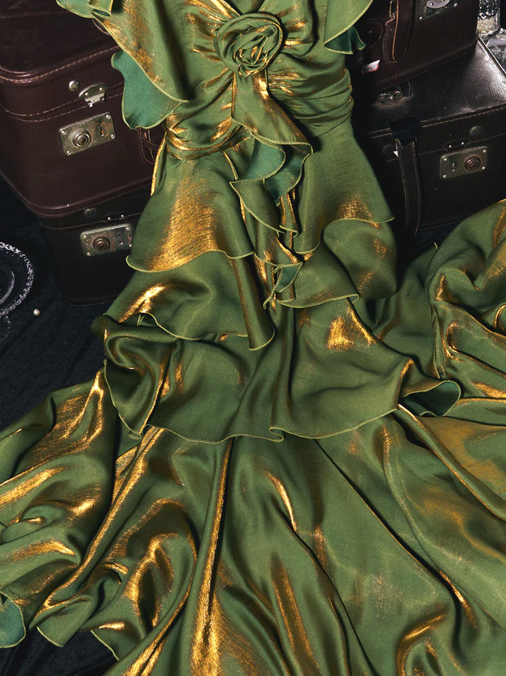 Green Ruffles A-Line Vintage Long Prom Dress Maxi Dress, DP2771