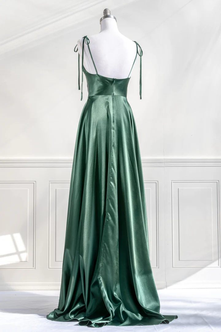 Green Straps Satin A-Line Long Party Dress Bridesmaid Dress, DP2956