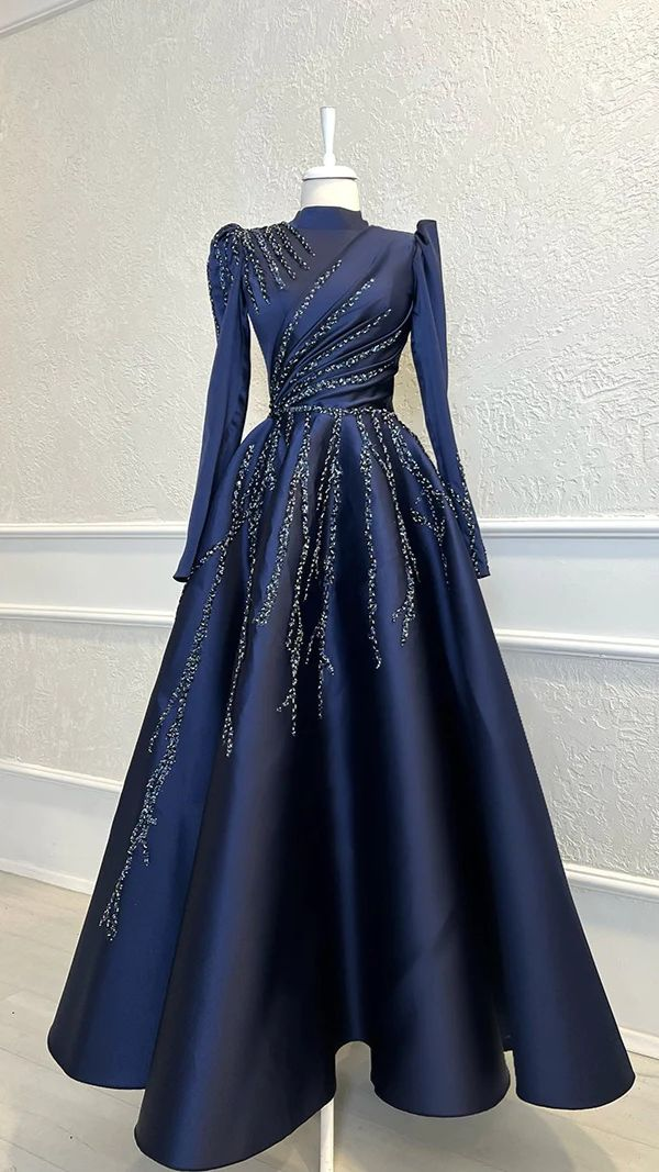 Navy Blue Satin Beaded Faux Muslim High Collar Ball Gown Formal Party Evening Gown, DP3494