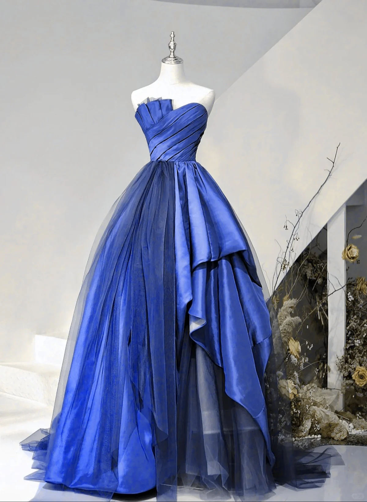 Blue Strapless A-Line Satin Tulle Formal Dress Evening Gown, DP2658