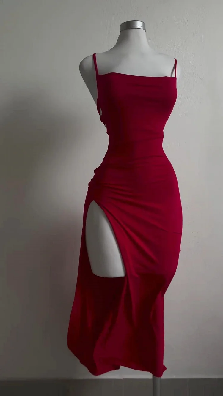 Charming Red Slit Cocktail Dress Midi Evening Party Dress, DP3398