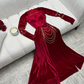 Red Square Neck Long Sleeves A-Line Velvet Long Party Gown, DP3487