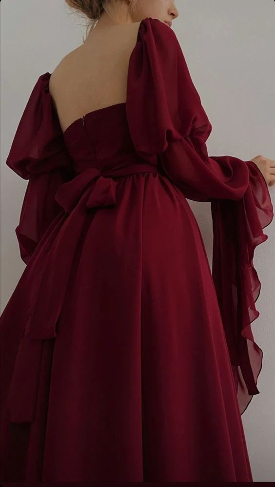 Wine Red Square Neck Chiffon Long Sleeves Party Dress, DP2841