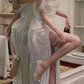 Vintage Shiny Off-the-shoulder Long Prom Dress Sheath High Slit Formal Dress, DP6566