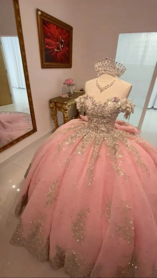 Elegantes Sweetheart Pink Perlenapplikation Sweet 16 Quinceanera A-Linie Bodenlanges Ballkleid Geburtstagskleid Abendkleid Ballkleid DP6446