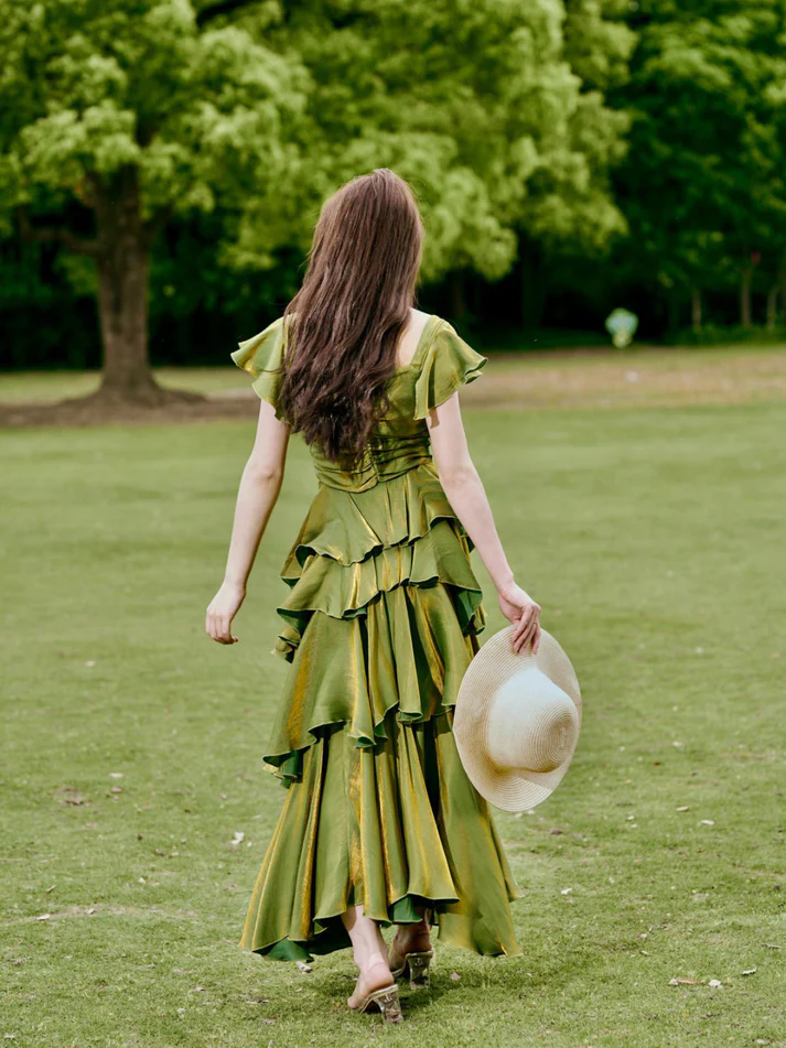 Green Ruffles A-Line Vintage Long Prom Dress Maxi Dress, DP2771