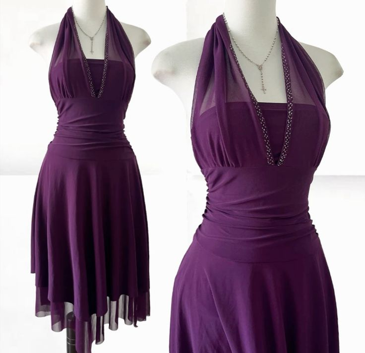 Dark Purple Halter A-Line Chiffon Midi Party Dresses Cocktail Dresses, DP5667