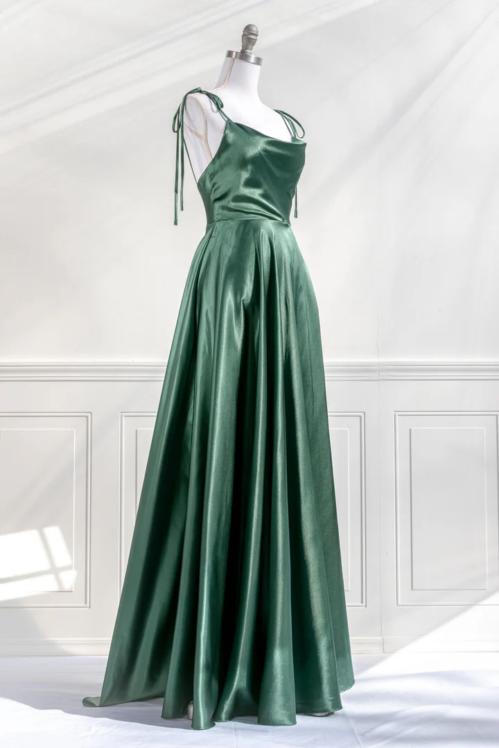 Green Straps Satin A-Line Long Party Dress Bridesmaid Dress, DP2956