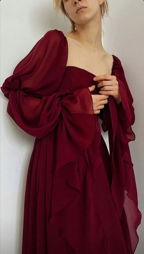 Wine Red Square Neck Chiffon Long Sleeves Party Dress, DP2841