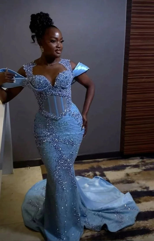 Wunderschönes himmelblaues Ballkleid mit Perlen, lang, herzförmiger Ausschnitt, Meerjungfrau-Abendkleid, formelles Kleid, DP6585