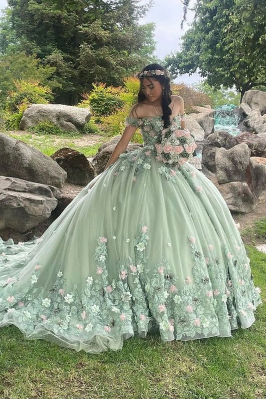 Elegantes, schulterfreies A-Linien-Ballkleid mit Applikationen in Salbeigrün für Sweet 16 Quinceanera, bodenlang, Geburtstagskleid, Abendkleid, Ballkleid DP6513