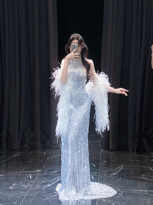Gorgeous Hslter Neck Mermaid Beading Long Evening Gown Birthday Outfits, DP5456