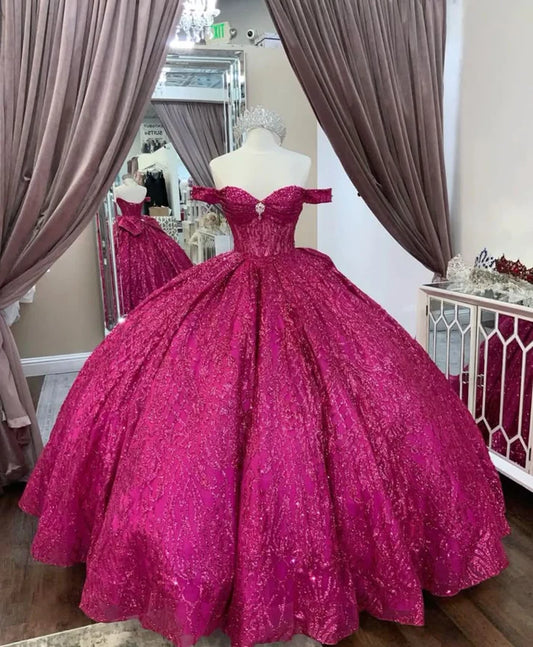 Elegantes, schulterfreies A-Linien-Tüllkleid mit Pailletten in Pink für Sweet 16 Quinceanera, bodenlang, Ballkleid, Geburtstagskleid, Abendkleid, Ballkleid DP6505