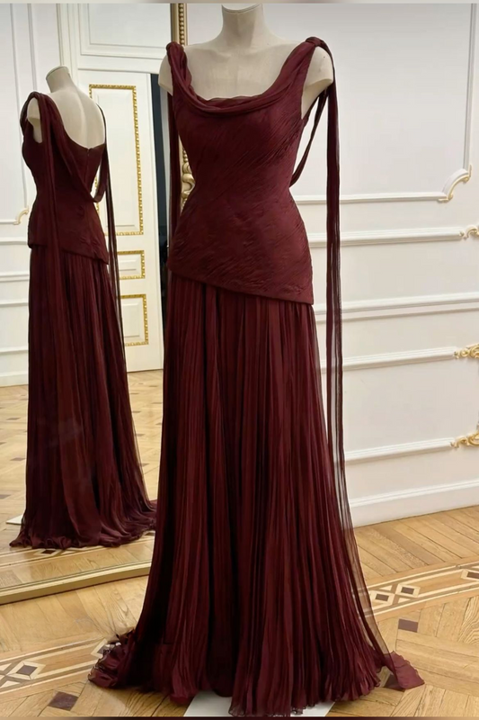 Elegant Burgundy Scoop Neck A-Line Chiffon Long Party Dresses Evening Dress, DP5436