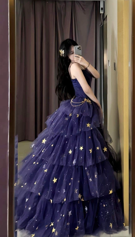 Stunning Purple Star Tulle Lace Evening Ball Gown Birthday Outfits, DP3425