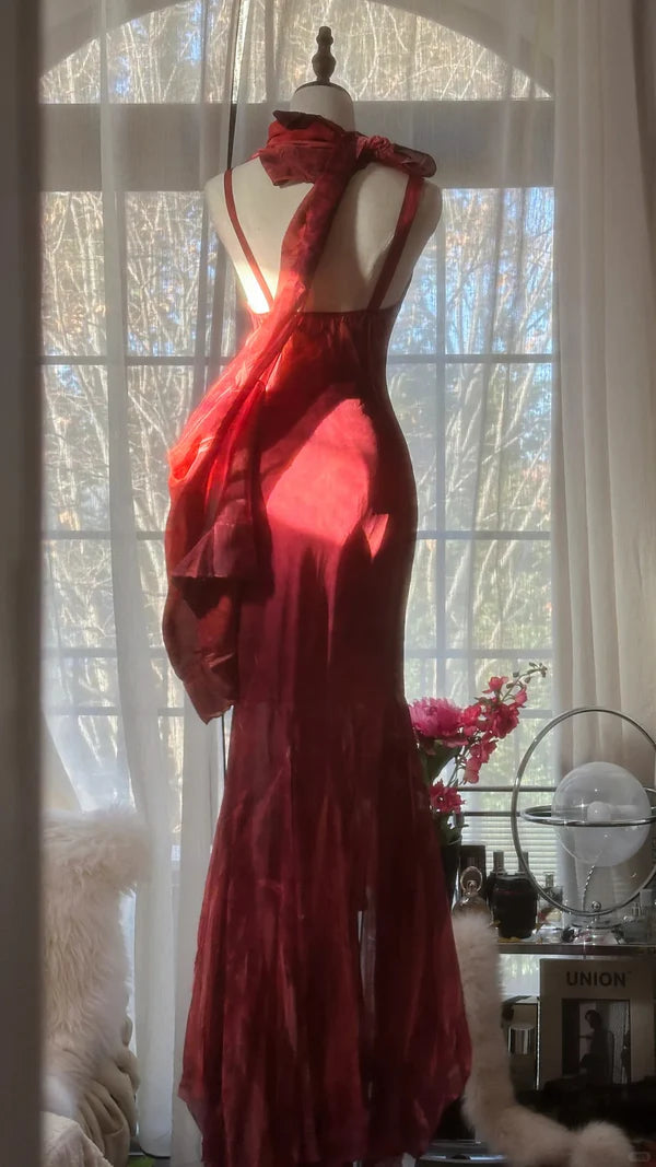 Vintage Rote Stickerei Ballkleid Perlen Meerjungfrau Abendkleid Langes Abendkleid DP6634