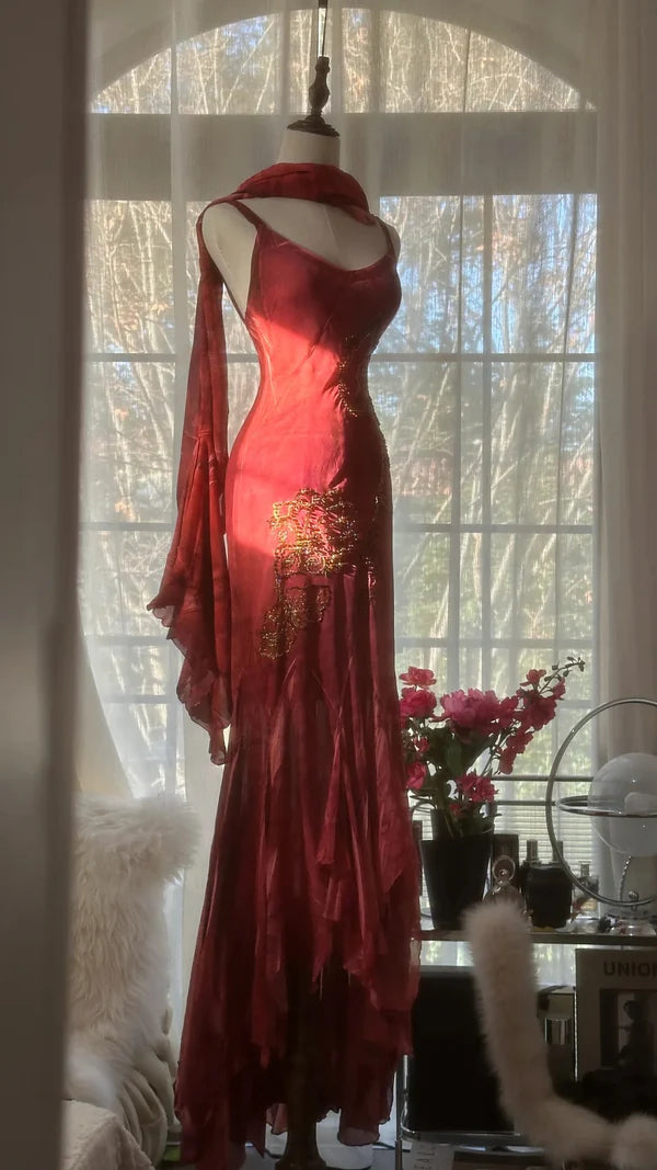 Vintage Rote Stickerei Ballkleid Perlen Meerjungfrau Abendkleid Langes Abendkleid DP6634