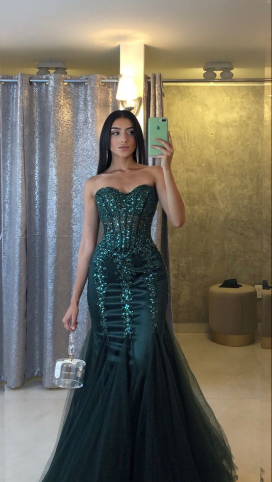 Dark Green Sweetheart Mermad Tulle Sequins Long Prom Dress, DP3752