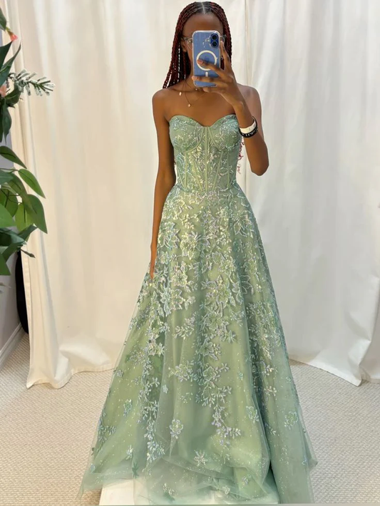 Green Sweetheart A-Line Tulle Long Formal Prom Dress Evening Gowns, DP5286