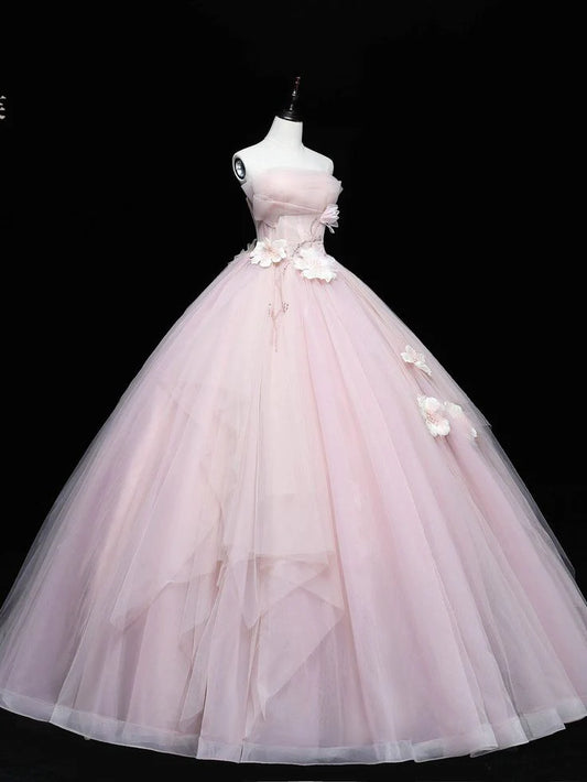 Schlichtes rosa trägerloses A-Linien-Tüllkleid mit Applikationen für Sweet 16 Quinceanera, bodenlang, Ballkleid, Geburtstagskleid, Abendkleid, Ballkleid, DP6458