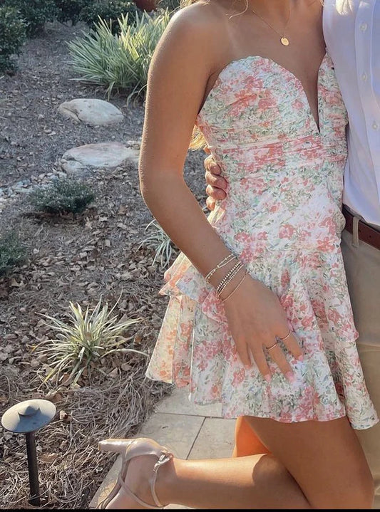 Vintage Floral Strapless Sweetheart A-Line Homecoming Dress Party Dress Cocktail Dress DP6680