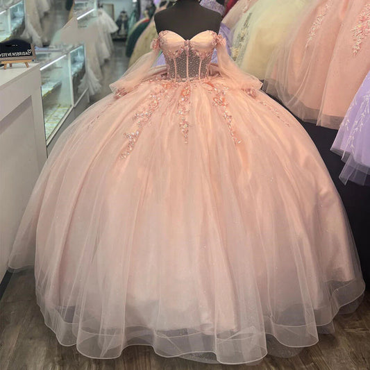 Süßes rosa Herzausschnitt Perlen Off-the-Shoulder Sweet 16 Quinceanera A-Linie Ballkleid Geburtstagskleid Abendkleid Ballkleid DP6523
