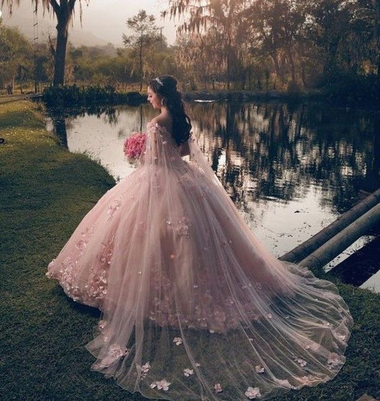 Wunderschönes rosa schulterfreies A-Linien-Ballkleid mit Applikationen für Sweet 16 Quinceanera, Geburtstagskleid, Abendkleid, Ballkleid DP6527