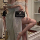 Vintage Shiny Off-the-shoulder Long Prom Dress Sheath High Slit Formal Dress, DP6566