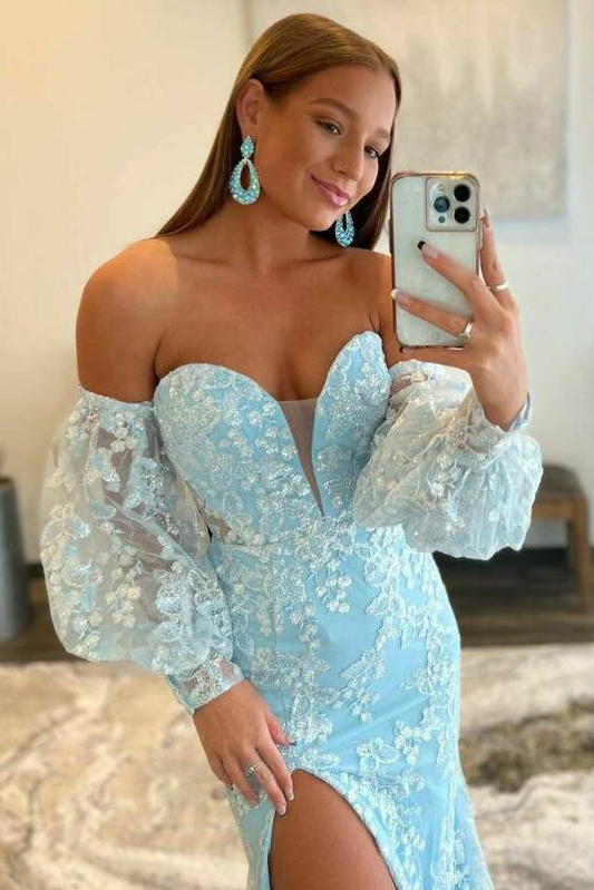 Light Blue Lace Strapless Puff Sleeve Long Prom Dress,DP0105